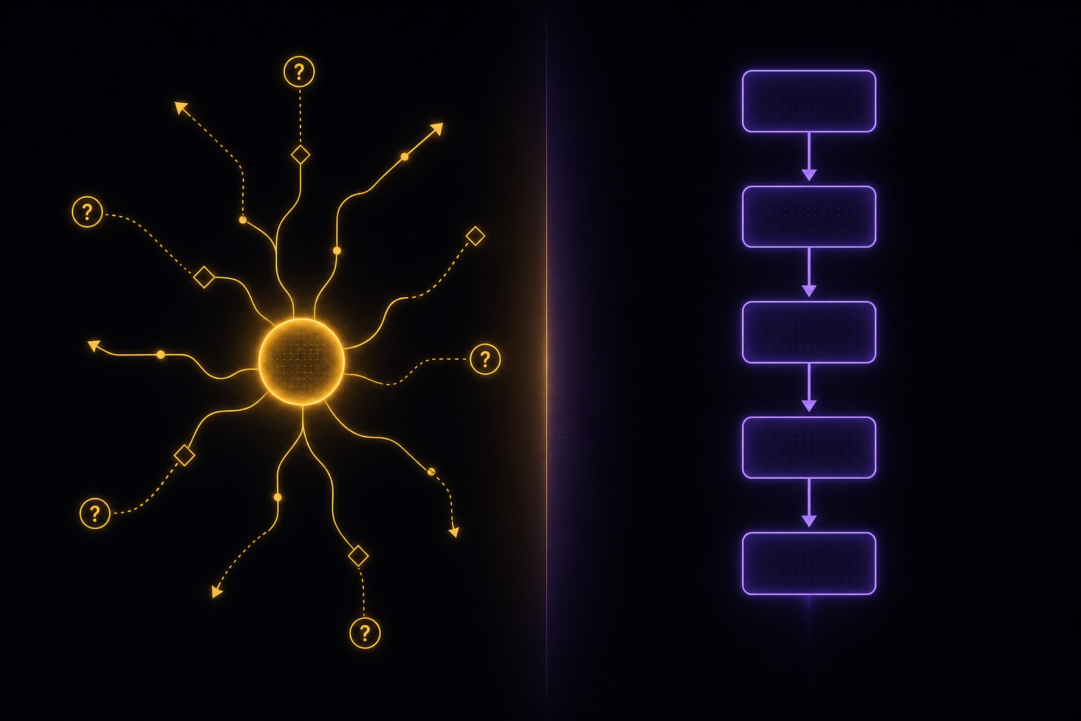 Abstract visualization comparing an autonomous AI agent with a structured multi-step workflow