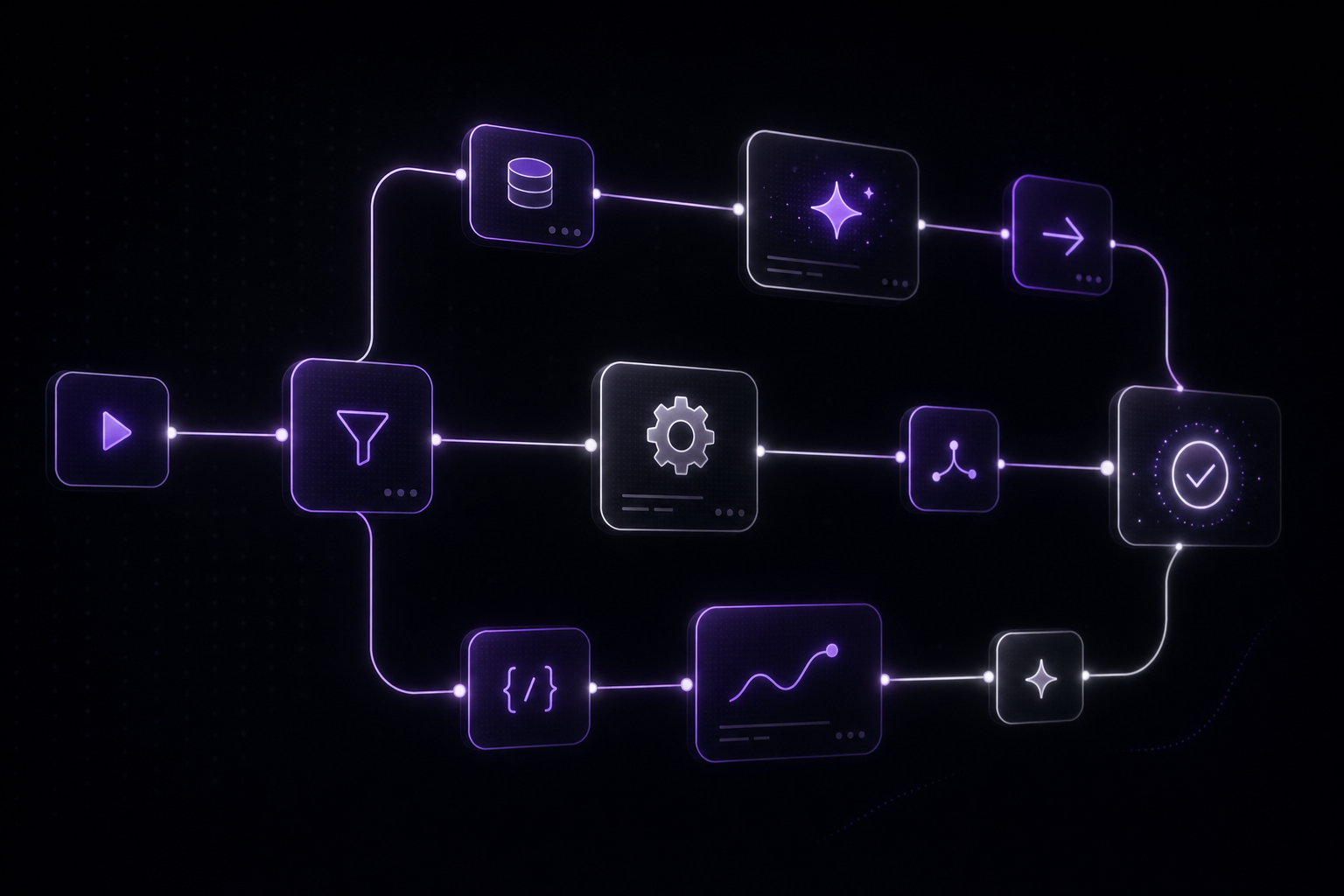 Abstract visualization of a no-code workflow builder with connected blocks and icons