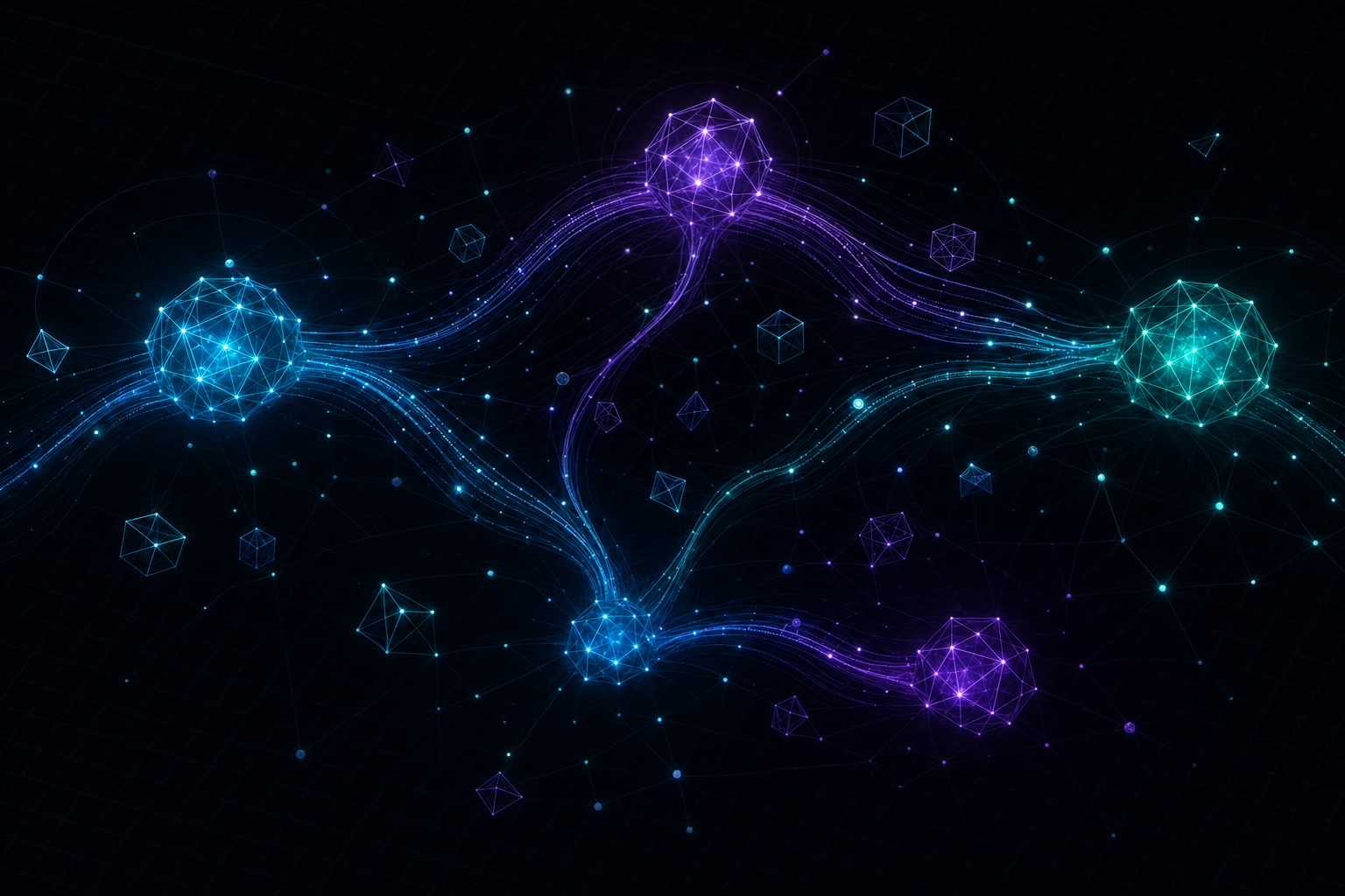 Abstract visualization of AI orchestration with glowing nodes connected by data streams
